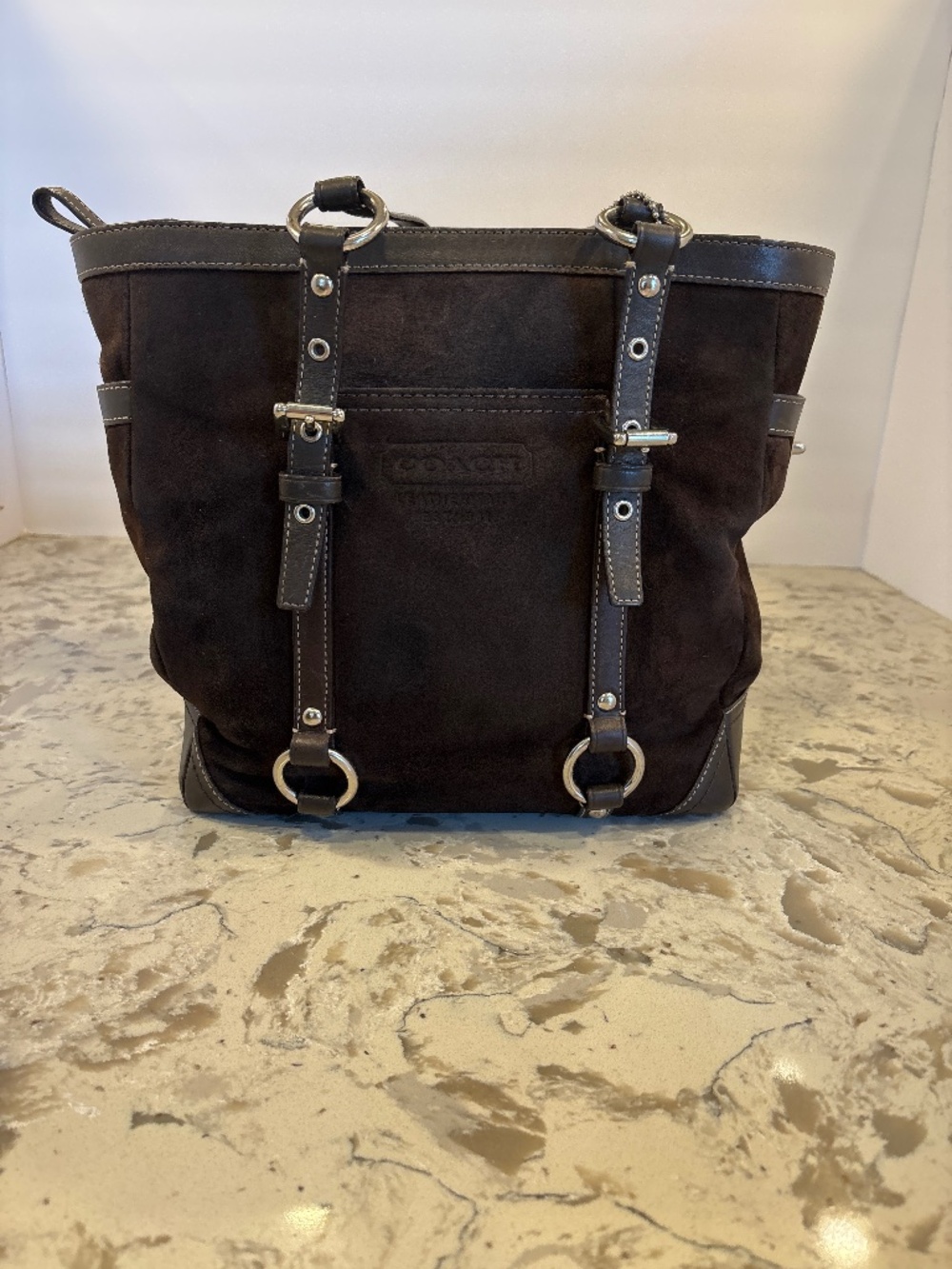 Coach Dark Brown Hamptons Suede Carry All Tote Handbag 12834